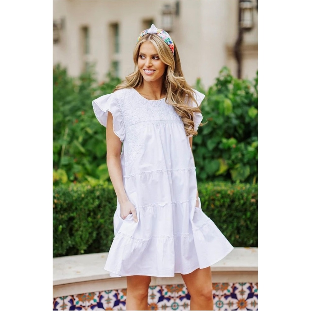 H7 J. Marie White Embroidered Tiered Mini Dress Flutter Sleeve Boho Small